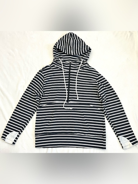 Vanilla Bay Tops - Vanilla Bay Women’s Dark Gray and White Striped Half-Zip Drawstring Hoodie XL